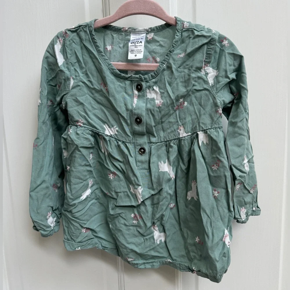 Carter’s 2T Green & White Llama Girls Long Sleeve Top Flowy Blouse
